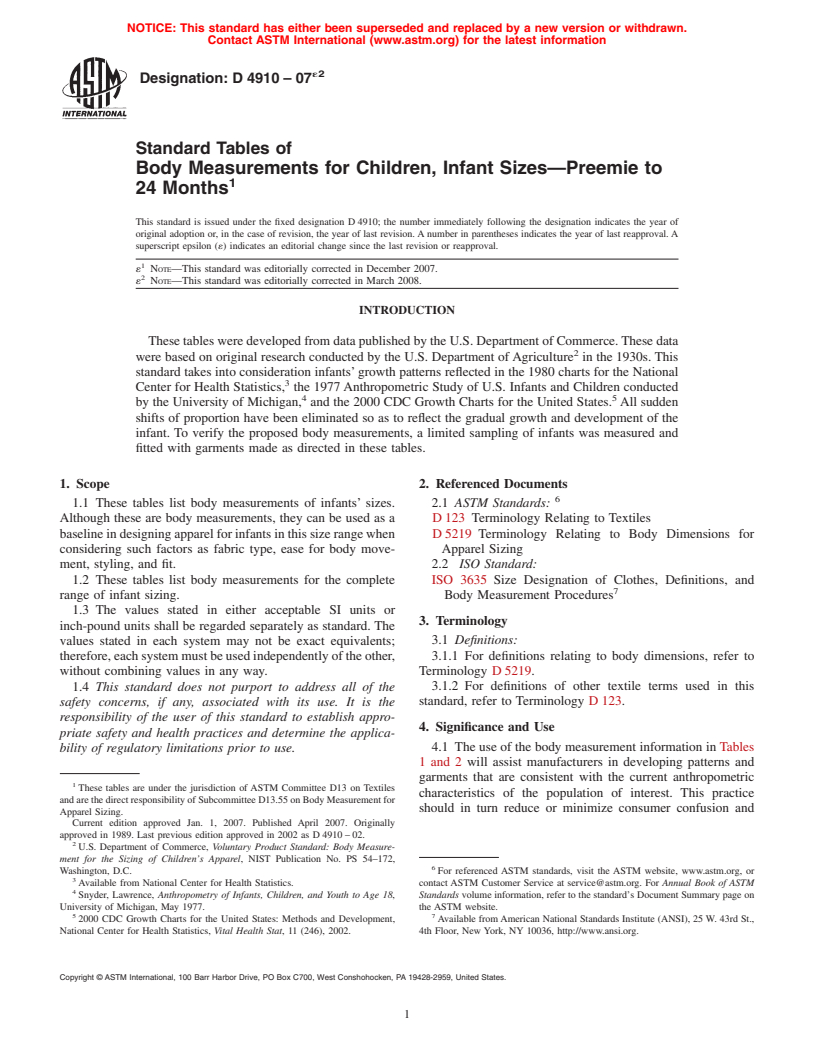 ASTM D4910-07e2 - Standard Tables of  Body Measurements for Children, Infant Sizes<span class='unicode'>&#x2014;</span>Preemie to 24 Months