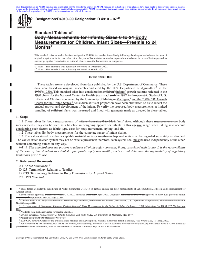 REDLINE ASTM D4910-07e2 - Standard Tables of  Body Measurements for Children, Infant Sizes<span class='unicode'>&#x2014;</span>Preemie to 24 Months