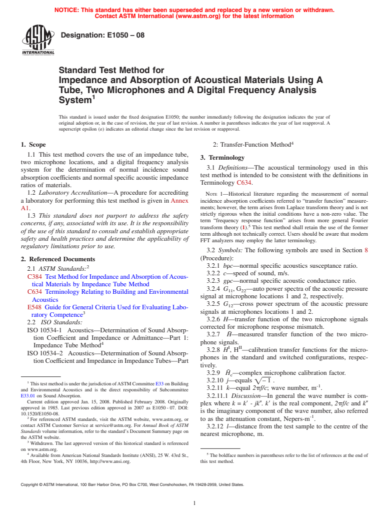 ASTM E1050-08 - Standard Test Method for Impedance and Absorption of Acoustical Materials Using A Tube, Two Microphones and A Digital Frequency Analysis System