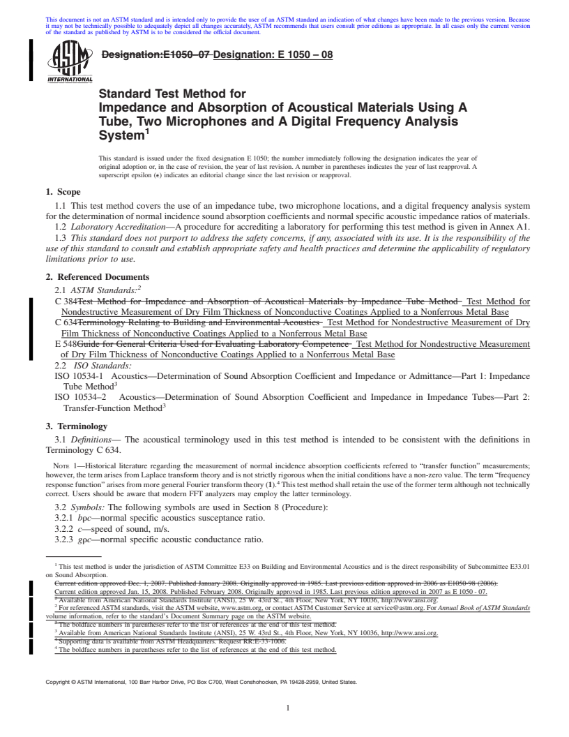 REDLINE ASTM E1050-08 - Standard Test Method for Impedance and Absorption of Acoustical Materials Using A Tube, Two Microphones and A Digital Frequency Analysis System