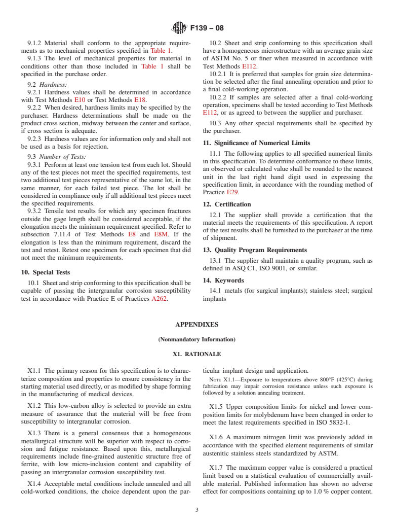 ASTM F139-08 - Standard Specification for  Wrought 18Chromium-14Nickel-2.5Molybdenum Stainless Steel Sheet and Strip for Surgical Implants (UNS S31673)