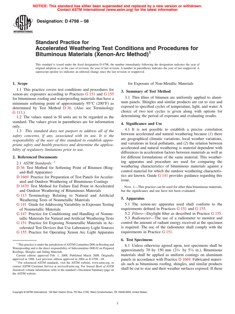 ASTM D4798-08 - Standard Practice for Accelerated Weathering Test Conditions and Procedures for Bituminous Materials (Xenon-Arc Method)