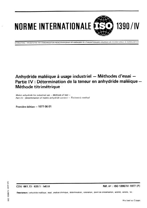 ISO 1390-4:1977 - Anhydride maléique a usage industriel -- Méthodes d'essai