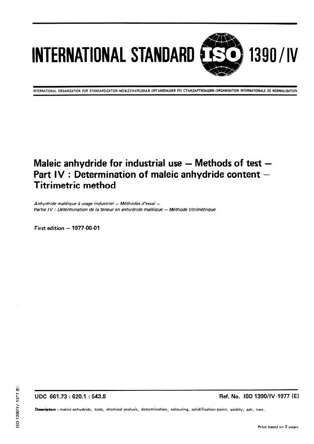 ISO 1390-4:1977 - Maleic anhydride for industrial use -- Methods of test