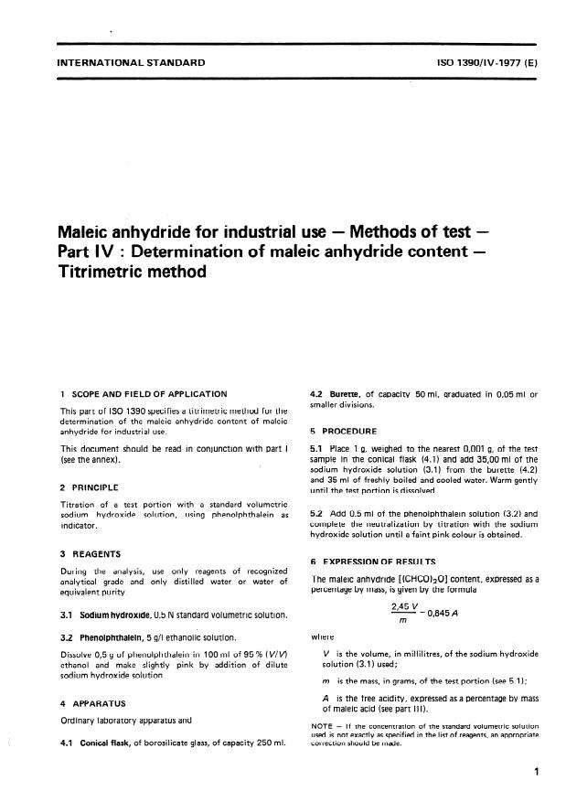 ISO 1390-4:1977 - Maleic anhydride for industrial use -- Methods of test