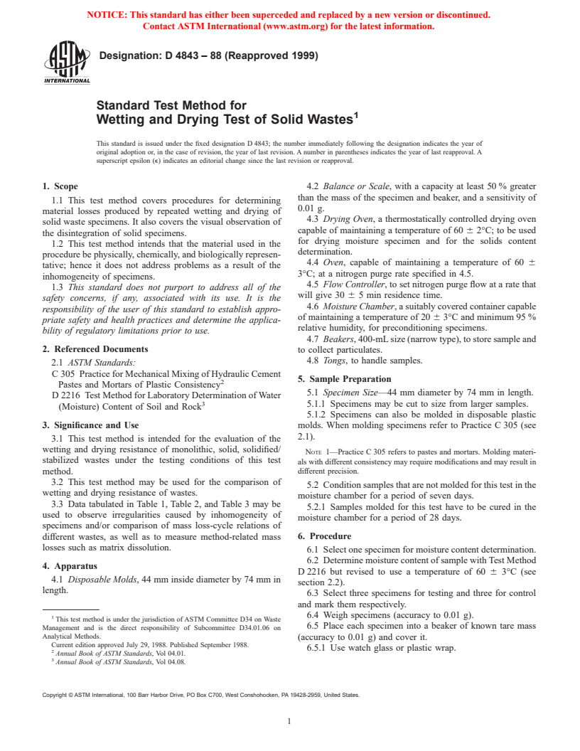 ASTM D4843-88(1999) - Standard Test Method for Wetting and Drying Test of Solid Wastes