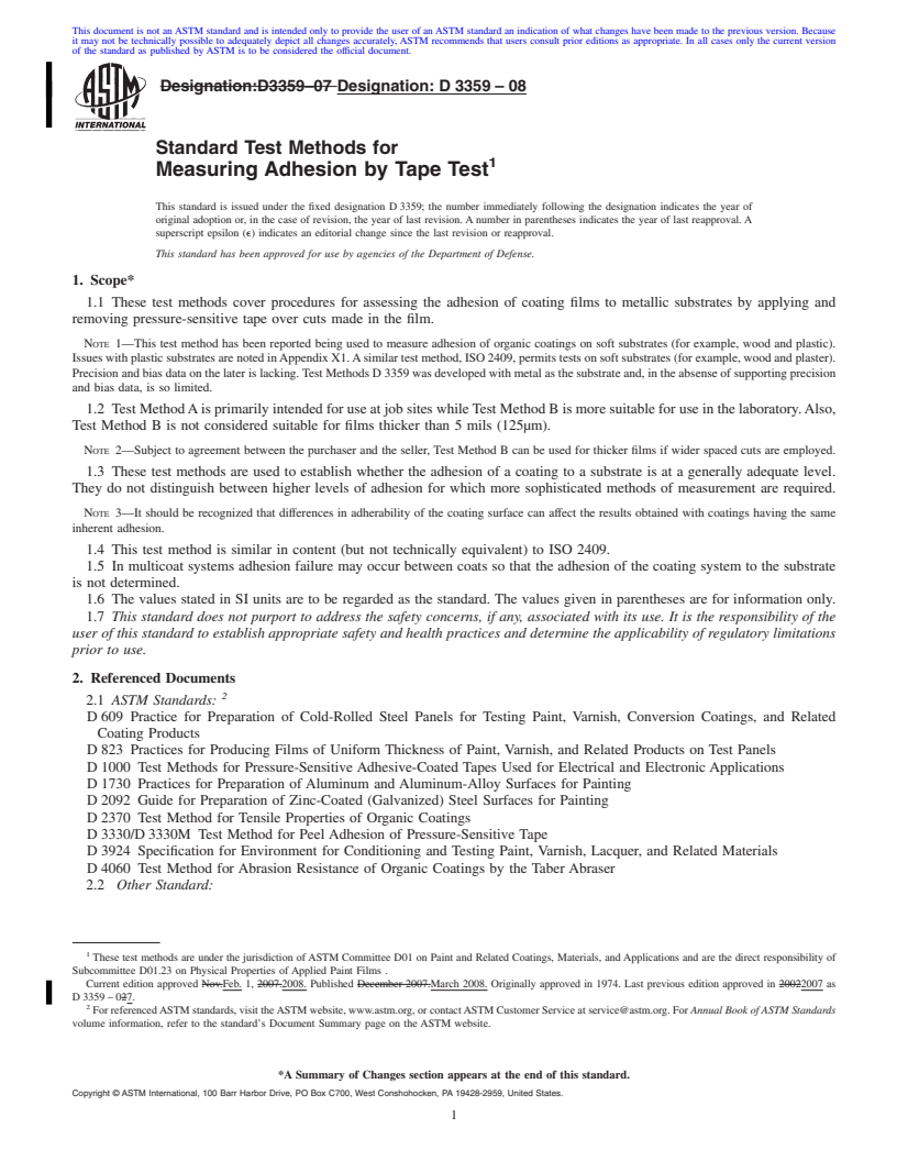 REDLINE ASTM D3359-08 - Standard Test Methods for  Measuring Adhesion by Tape Test