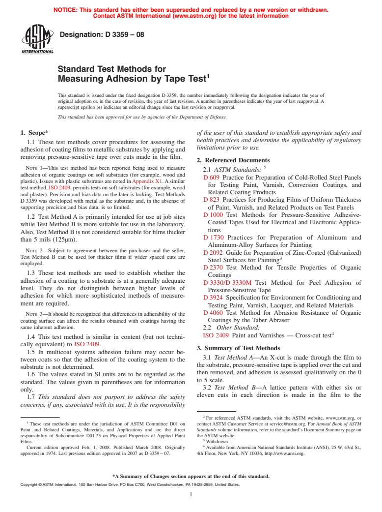 ASTM D3359-08 - Standard Test Methods for  Measuring Adhesion by Tape Test