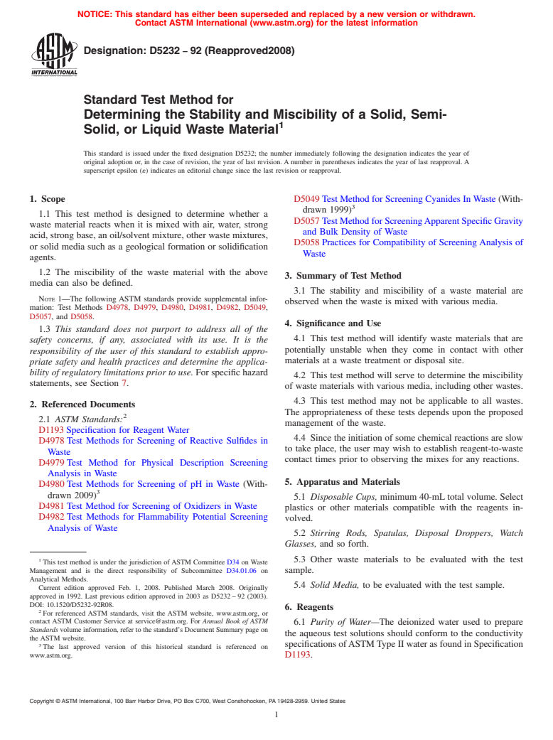 ASTM D5232-92(2008) - Standard Test Method for  Determining the Stability and Miscibility of a Solid, Semi-Solid, or Liquid Waste Material