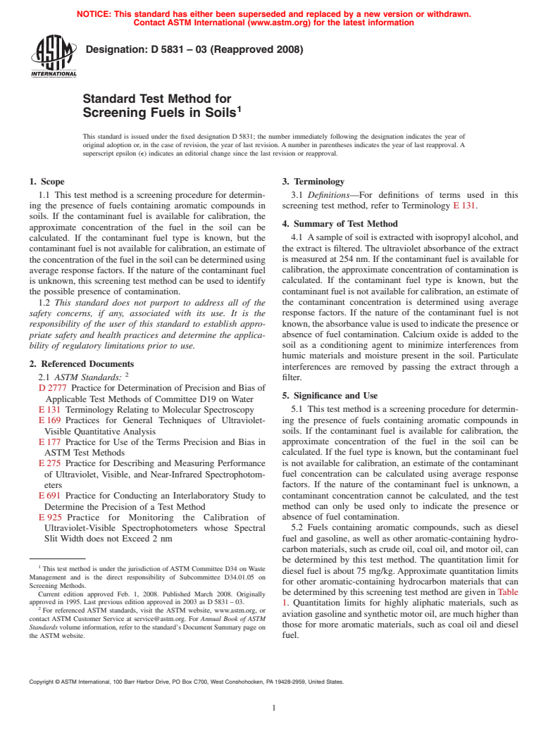 ASTM D5831-03(2008) - Standard Test Method for  Screening Fuels in Soils