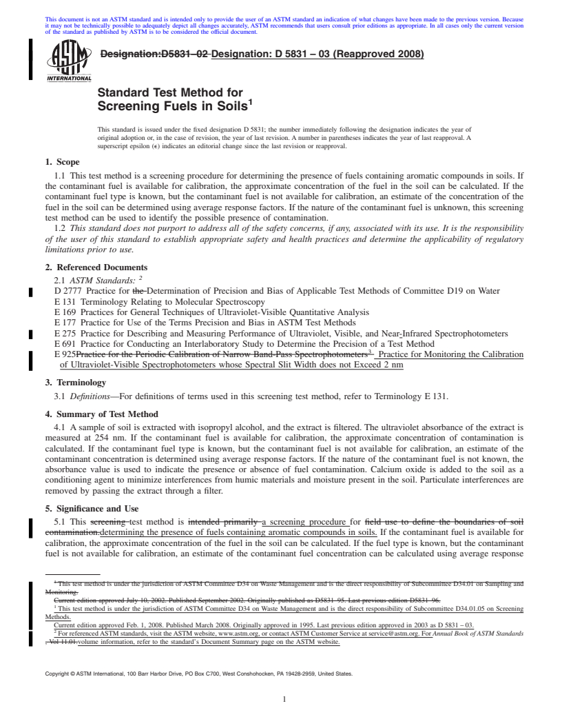 REDLINE ASTM D5831-03(2008) - Standard Test Method for  Screening Fuels in Soils