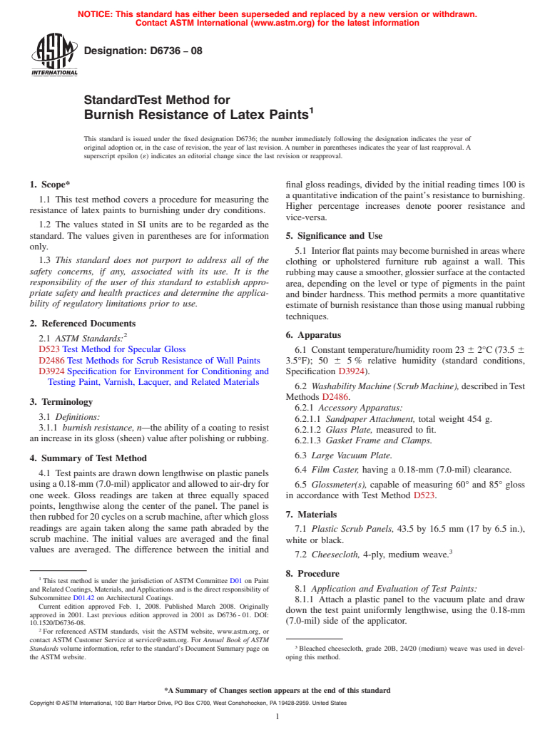 ASTM D6736-08 - Standard Test Method for Burnish Resistance of Latex Paints