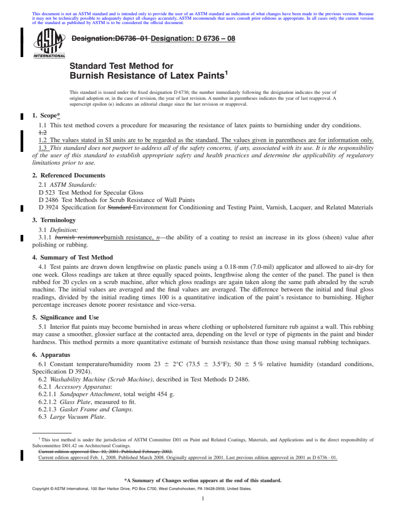 REDLINE ASTM D6736-08 - Standard Test Method for Burnish Resistance of Latex Paints