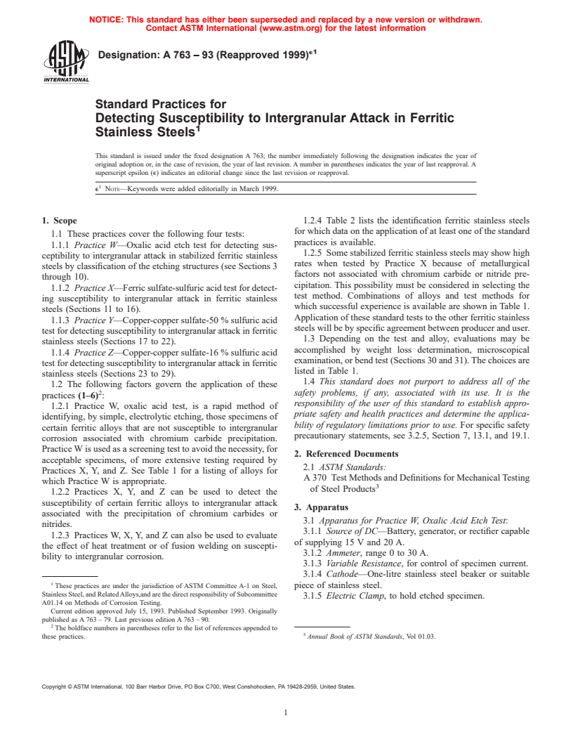 ASTM A763-93(1999)e1 - Standard Practices for Detecting Susceptibility to Intergranular Attack in Ferritic Stainless Steels