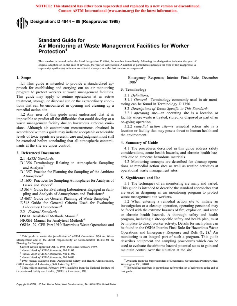 ASTM D4844-88(1998) - Standard Guide for Air Monitoring at Waste Management Facilities for Worker Protection