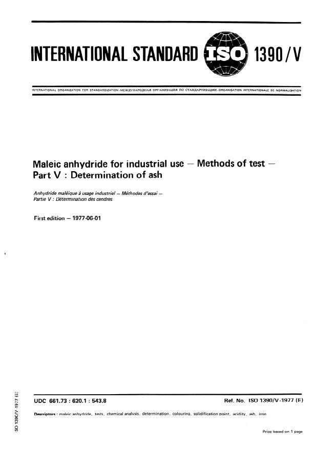 ISO 1390-5:1977 - Maleic anhydride for industrial use -- Methods of test