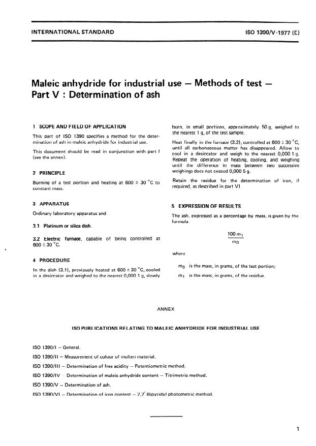 ISO 1390-5:1977 - Maleic anhydride for industrial use -- Methods of test