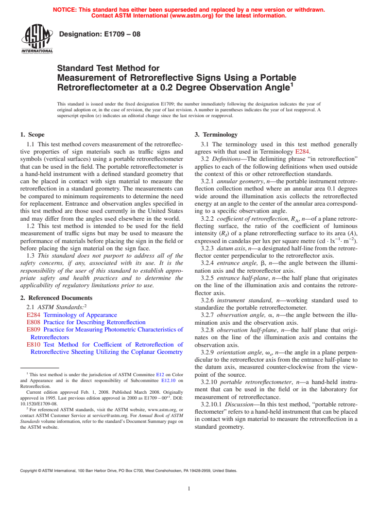 ASTM E1709-08 - Standard Test Method for Measurement of Retroreflective Signs Using a Portable Retroreflectometer at a 0.2 Degree Observation Angle