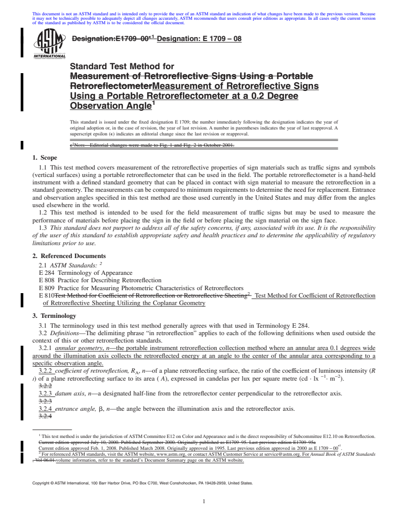 REDLINE ASTM E1709-08 - Standard Test Method for Measurement of Retroreflective Signs Using a Portable Retroreflectometer at a 0.2 Degree Observation Angle