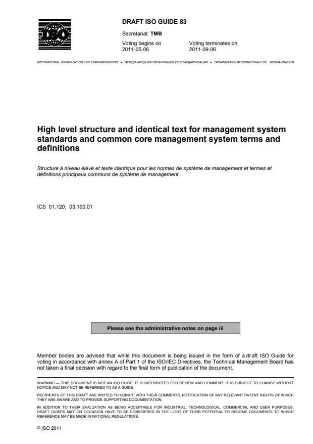 ISO/DGuide 83 - High level structure and identical text for management system standards and common core management system terms and definitions
