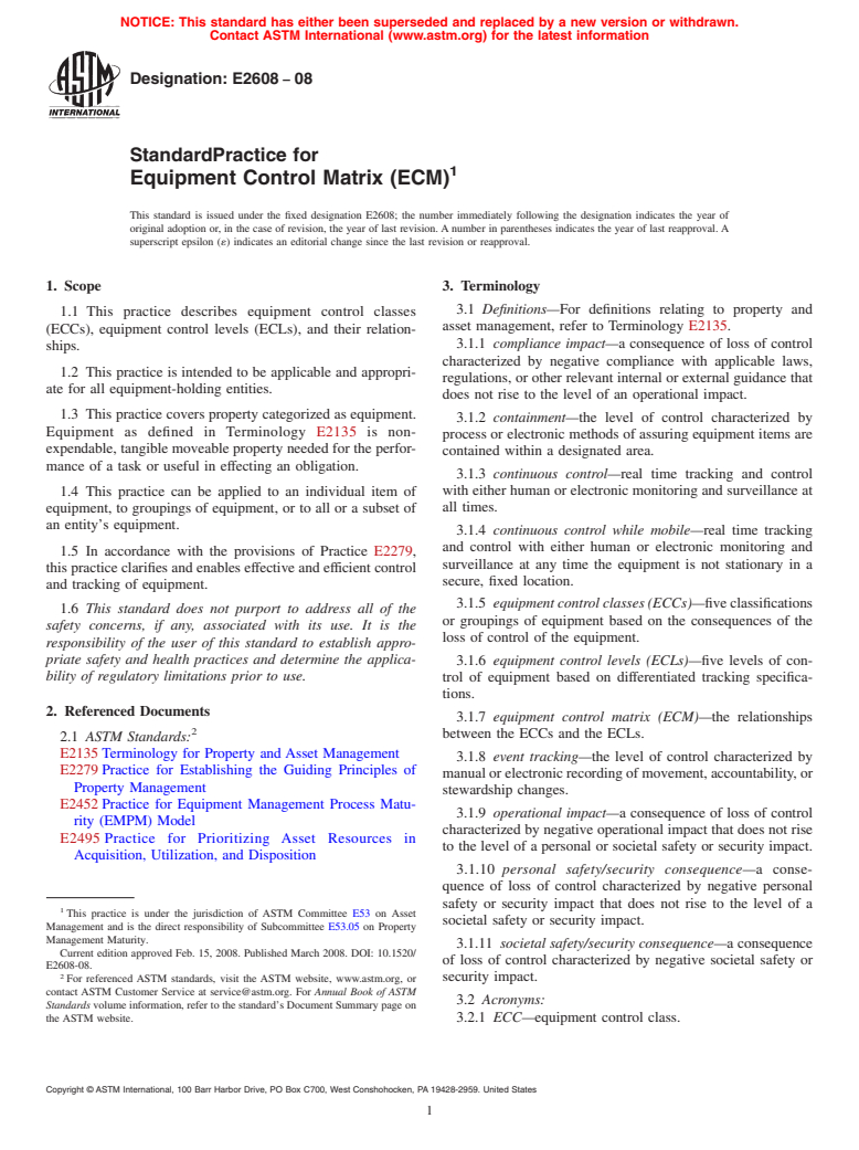 ASTM E2608-08 - Standard Practice for Equipment Control Matrix (ECM)