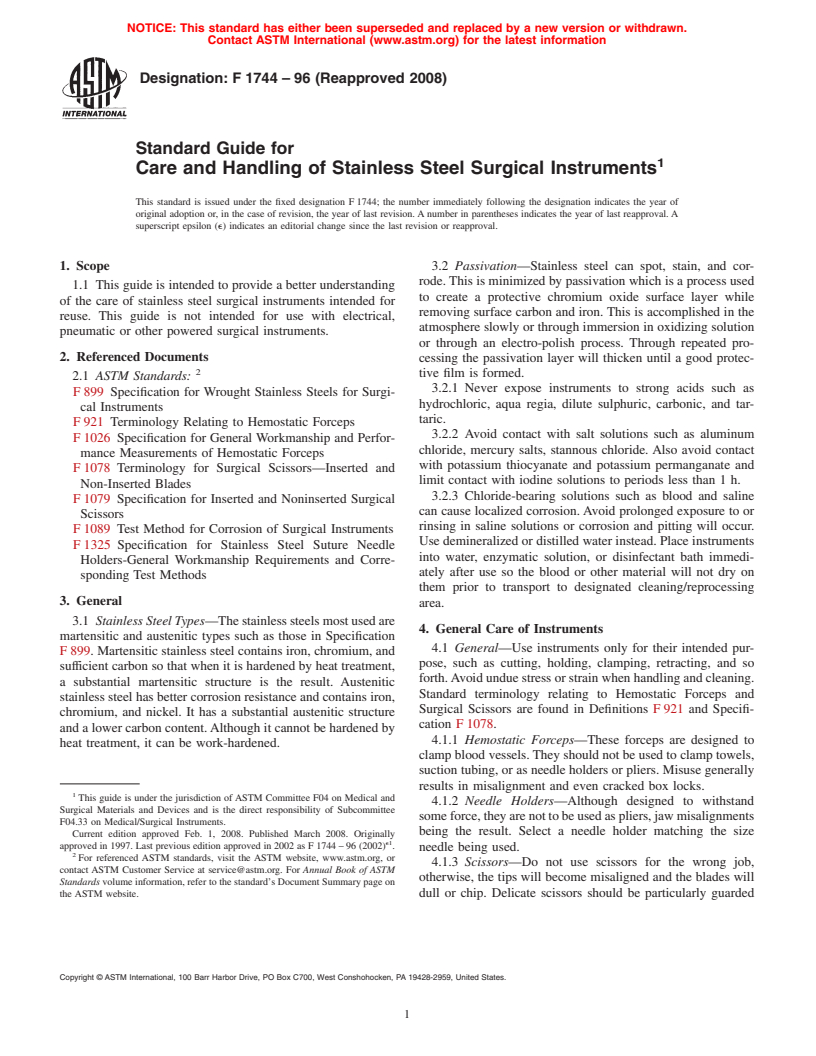 ASTM F1744-96(2008) - Standard Guide for Care and Handling of Stainless Steel Surgical Instruments