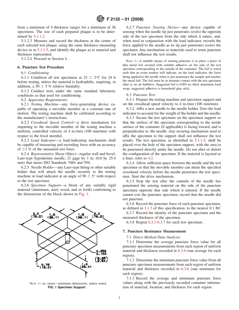 ASTM F2132-01(2008) - Standard Specification for Puncture Resistance of Materials Used in Containers for Discarded Medical Needles and Other Sharps