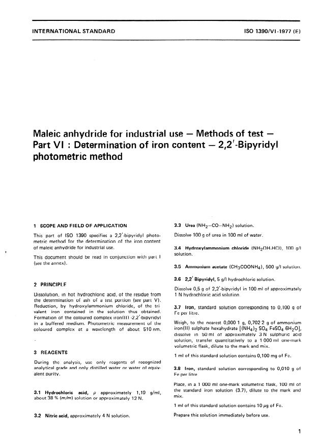 ISO 1390-6:1977 - Maleic anhydride for industrial use -- Methods of test