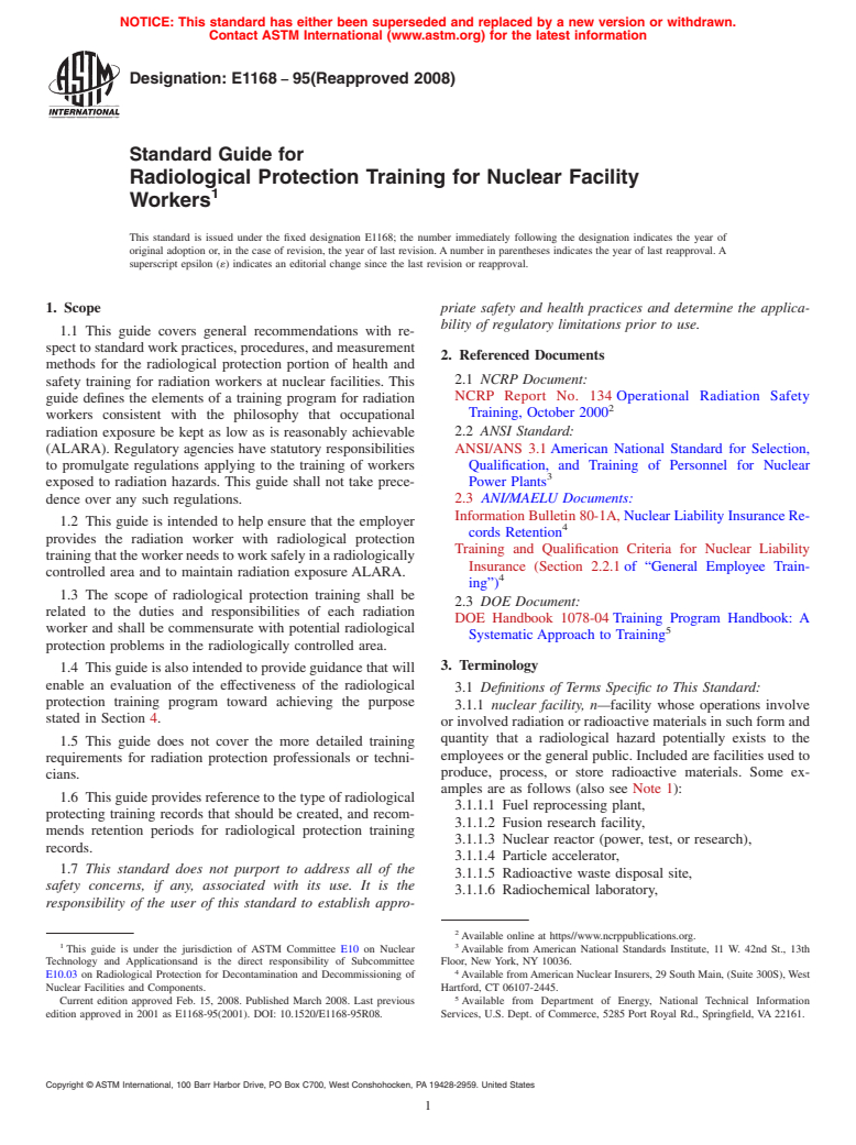 ASTM E1168-95(2008) - Standard Guide for  Radiological Protection Training for Nuclear Facility Workers