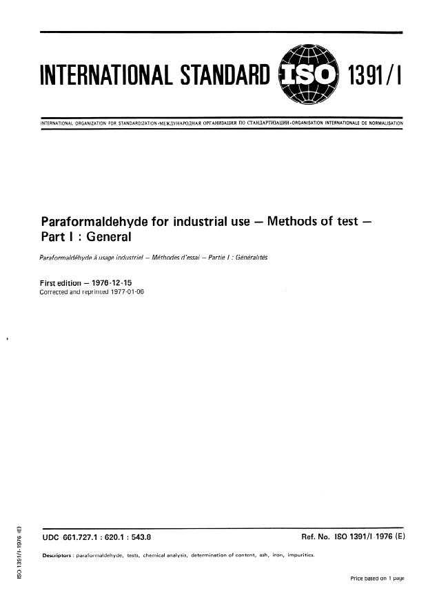 ISO 1391-1:1976 - Paraformaldehyde for industrial use -- Methods of test