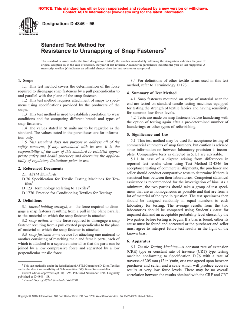 ASTM D4846-96 - Standard Test Method for Resistance to Unsnapping of Snap Fasteners