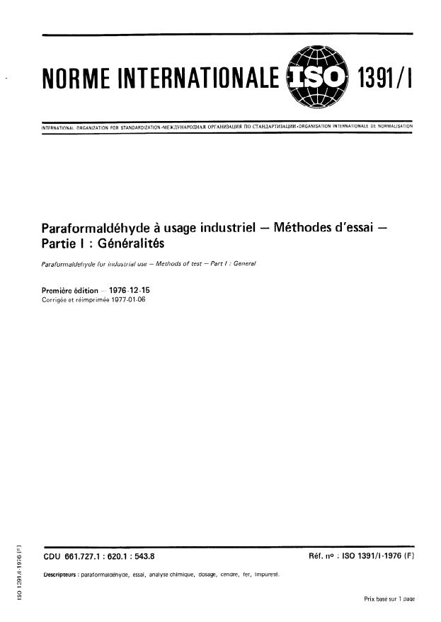 ISO 1391-1:1976 - Paraformaldéhyde a usage industriel -- Méthodes d'essai