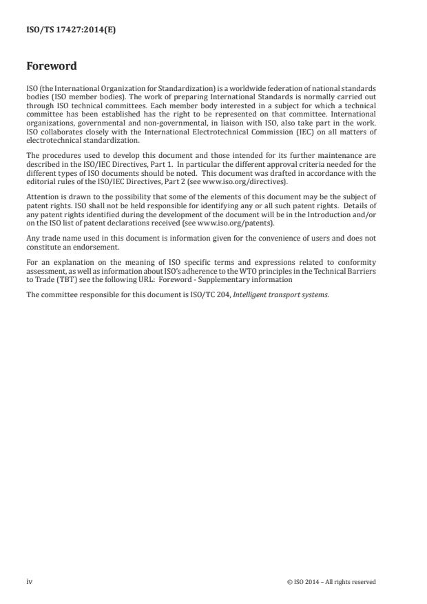 ISO/TS 17427:2014 ISO/TS 17427:2014 - Intelligent transport systems -- Cooperative systems -- Roles and responsibilities in the context of cooperative ITS based on architecture(s) for cooperative systems - Page 4 preview