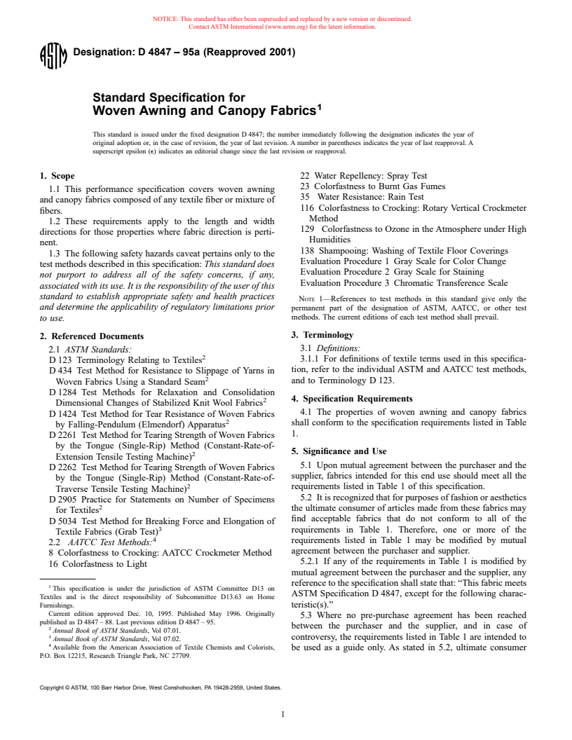 ASTM D4847-95a(2001) - Standard Specification for Woven Awning and Canopy Fabrics