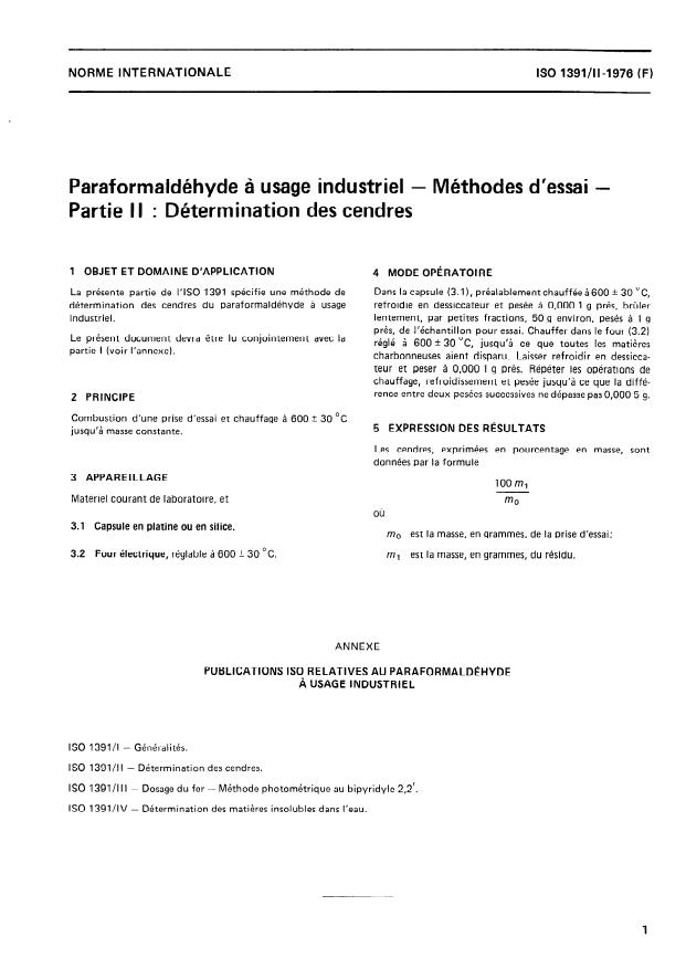 ISO 1391-2:1976 - Paraformaldéhyde a usage industriel -- Méthodes d'essai