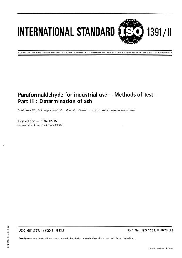 ISO 1391-2:1976 - Paraformaldehyde for industrial use -- Methods of test