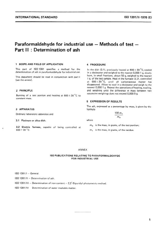 ISO 1391-2:1976 - Paraformaldehyde for industrial use -- Methods of test
