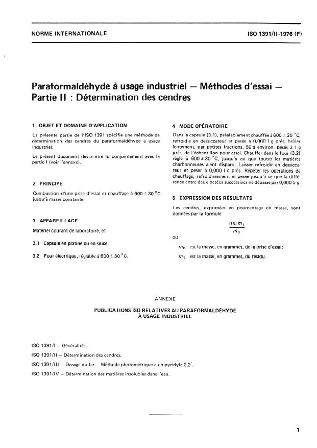 ISO 1391-2:1976 - Paraformaldéhyde a usage industriel -- Méthodes d'essai