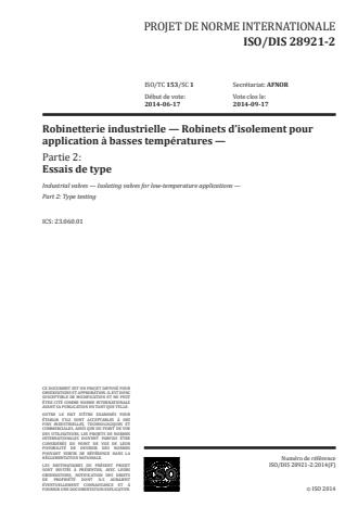 ISO 28921-2:2015 - Robinetterie industrielle -- Robinets d'isolement pour application a basses températures