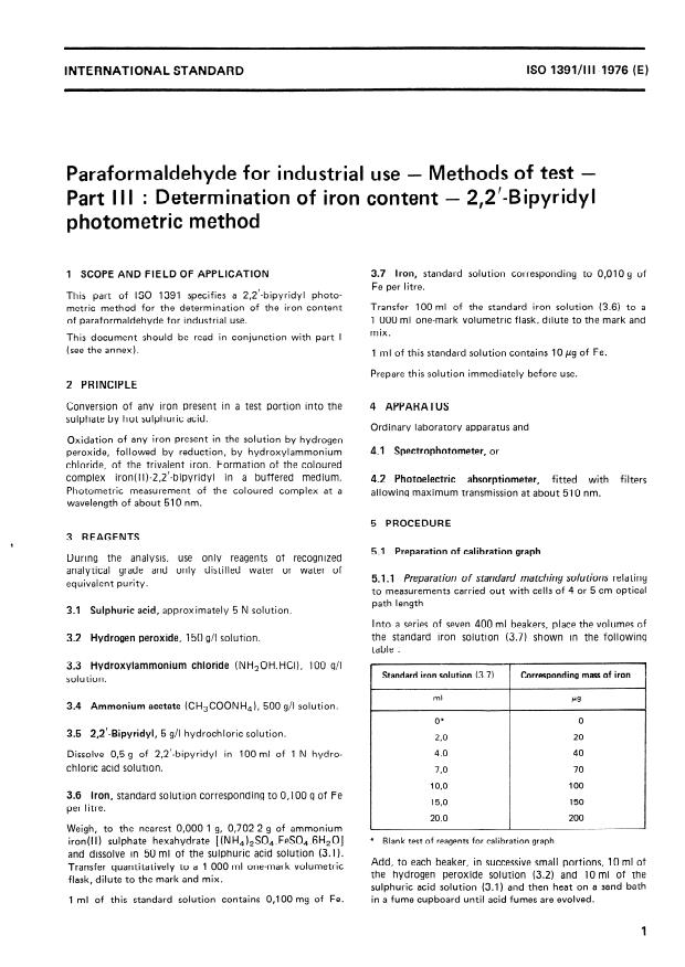 ISO 1391-3:1976 - Paraformaldehyde for industrial use -- Methods of test