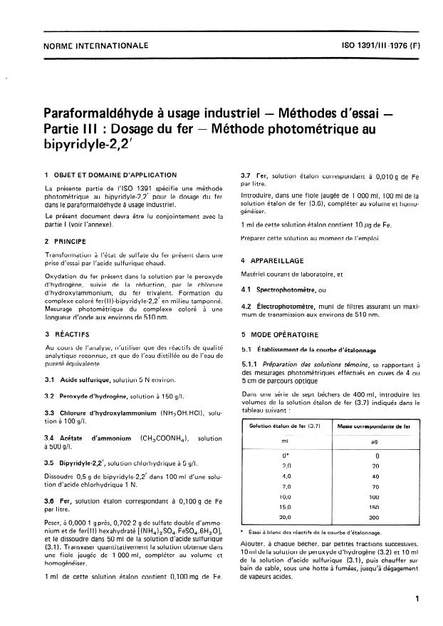 ISO 1391-3:1976 - Paraformaldéhyde a usage industriel -- Méthodes d'essai