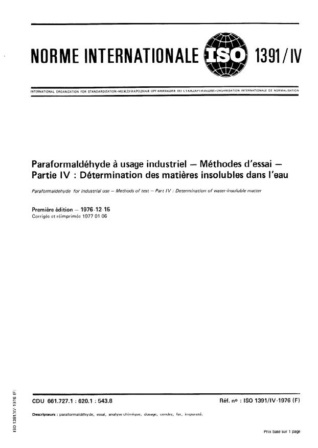 ISO 1391-4:1976 - Paraformaldéhyde a usage industriel -- Méthodes d'essai