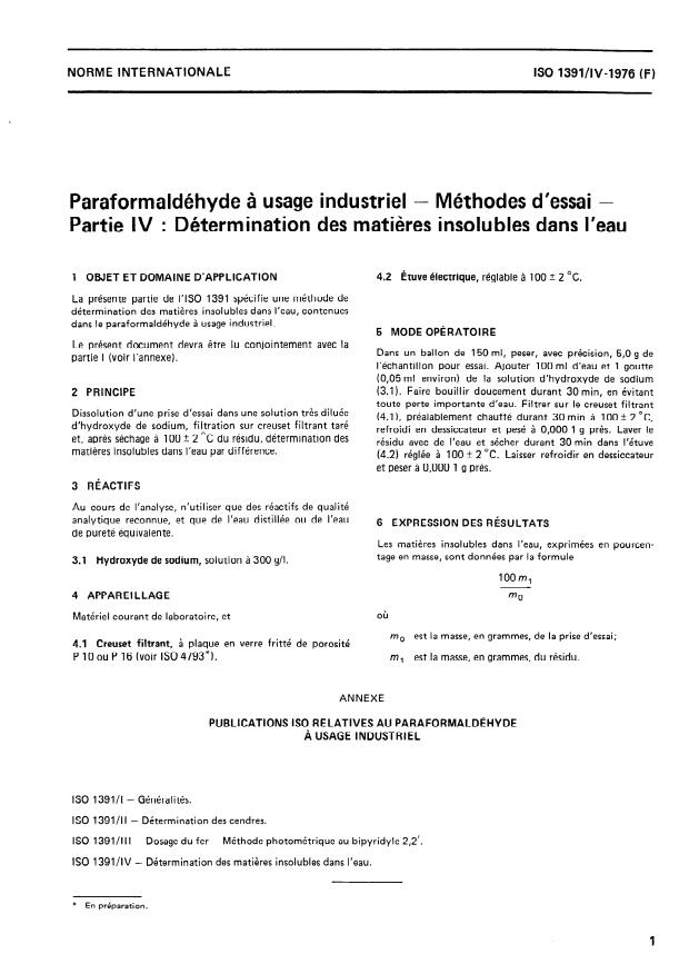 ISO 1391-4:1976 - Paraformaldéhyde a usage industriel -- Méthodes d'essai