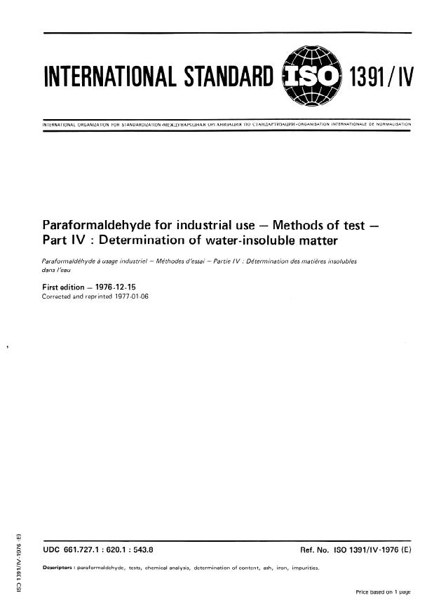 ISO 1391-4:1976 - Paraformaldehyde for industrial use -- Methods of test