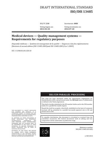 ISO 13485:2016 - Medical devices -- Quality management systems -- Requirements for regulatory purposes