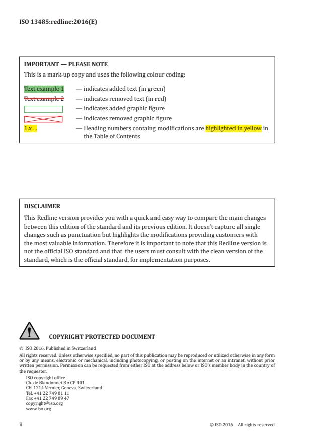 ISO 13485:2016 REDLINE ISO 13485:2016 - Medical devices -- Quality management systems -- Requirements for regulatory purposes - Page 2 preview