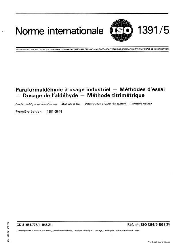 ISO 1391-5:1981 - Paraformaldéhyde a usage industriel -- Méthodes d'essai -- Dosage de l'aldéhyde -- Méthode titrimétrique