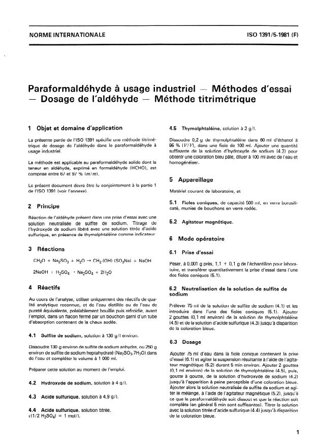 ISO 1391-5:1981 - Paraformaldéhyde a usage industriel -- Méthodes d'essai -- Dosage de l'aldéhyde -- Méthode titrimétrique