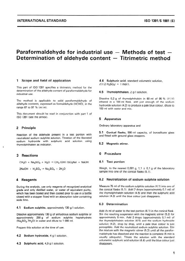 ISO 1391-5:1981 - Paraformaldehyde for industrial use -- Methods of test -- Determination of aldehyde content -- Titrimetric method