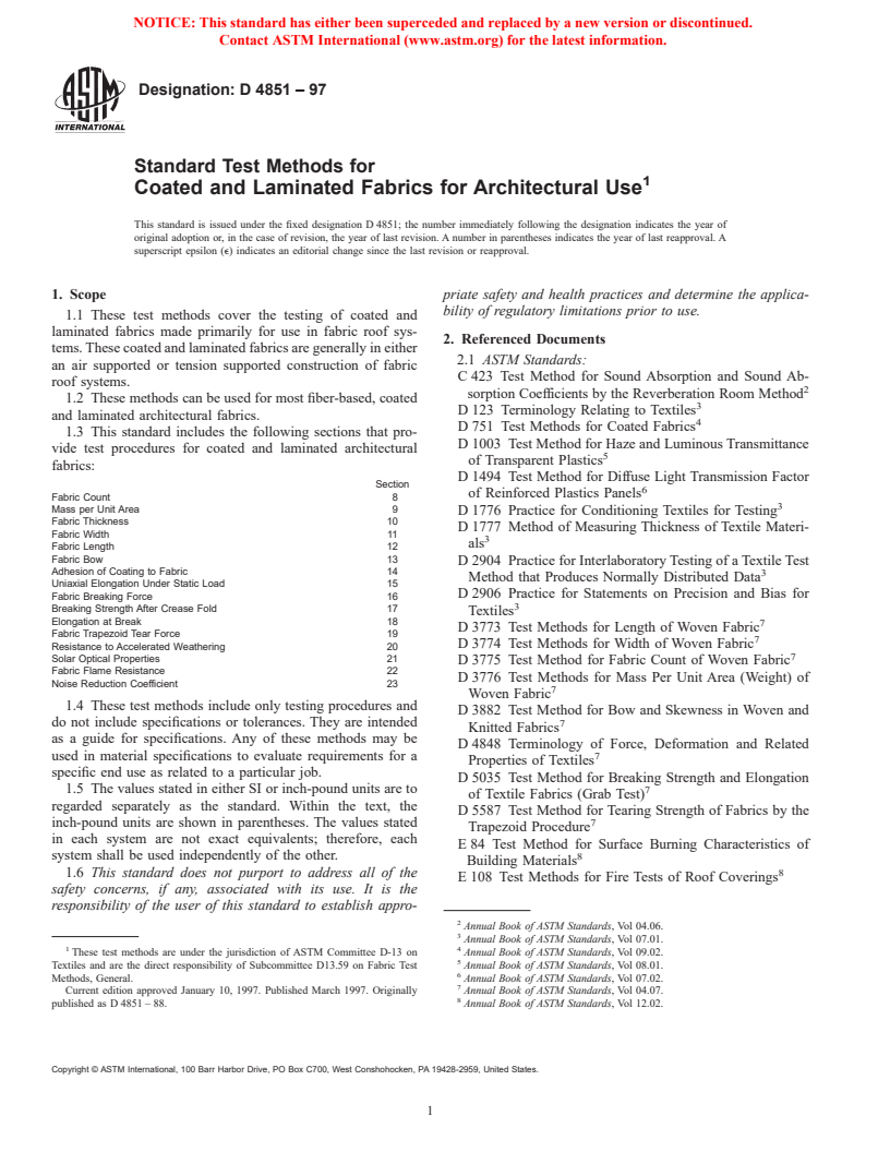 ASTM D4851-97 - Standard Test Methods for Coated and Laminated Fabrics for Architectural Use